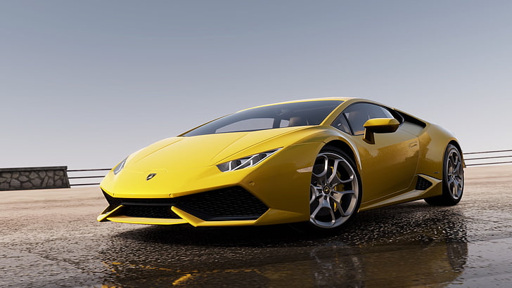 жълт Lamborghini луксозен автомобил, жълти автомобили, Lamborghini, Lamborghini Huracan, видео игри, Xbox, Xbox One, Forza, Forza Motorsport, Forza Horizon, Forza Horizon 2, вода, HD тапет