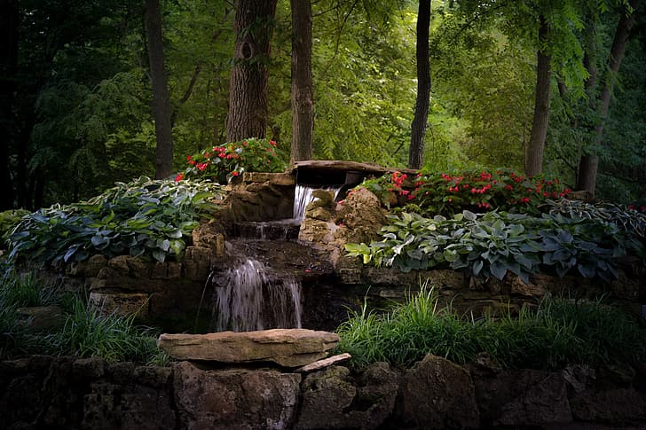 trees, flowers, Park, waterfall, Missouri, cascade, Springfield, Nathanael Greene/Close Memorial Park, HD wallpaper