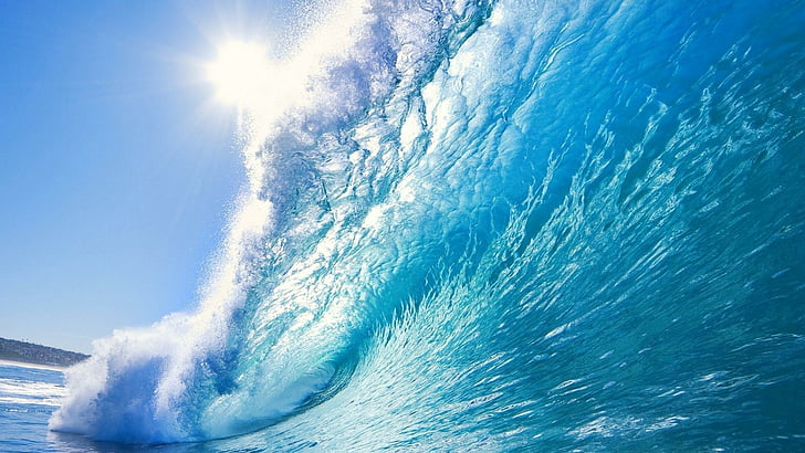 вълна, вода, море, слънце, природа, слънчева светлина, синя вода, океан, вятърна вълна, слънце, синьо небе, HD тапет