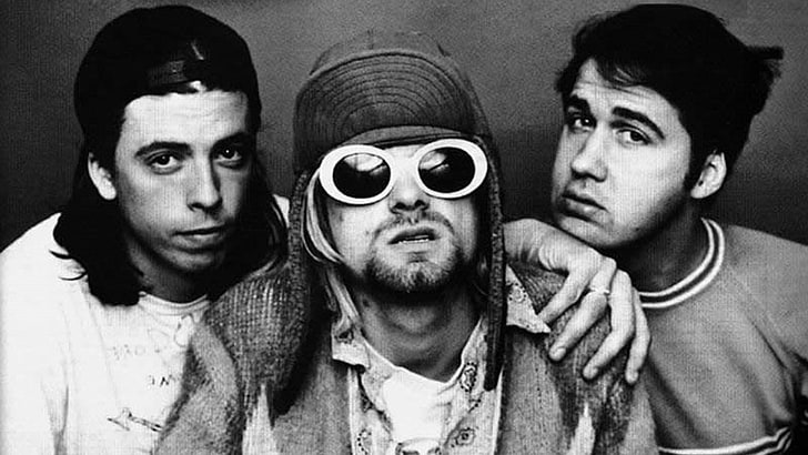 Fotografía en escala de grises de tres hombres, nirvana, banda, historia, gafas, look, Fondo de pantalla HD