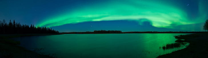 بحيرات الشفق القطبي الخفيف skyscapes متعددة الشاشات 3840x1080 بحيرات الطبيعة HD Art ، Light ، Aurora borealis، خلفية HD