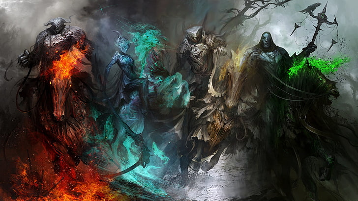 four mythical creatures painting, Four Horsemen of the Apocalypse, artwork, fantasy art, HD wallpaper