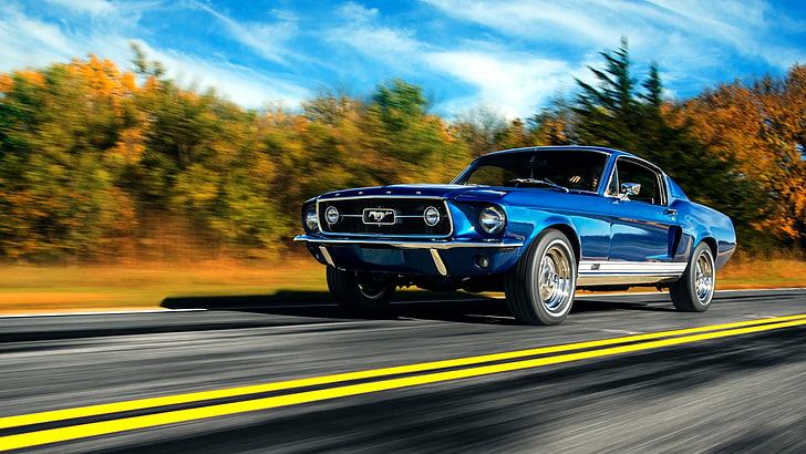 ford mustang, asphalt, speed, road, ford mustang boss 429, blue car, muscle car, sports car, road trip, classic car, driving, boss 429, first generation ford mustang, HD wallpaper