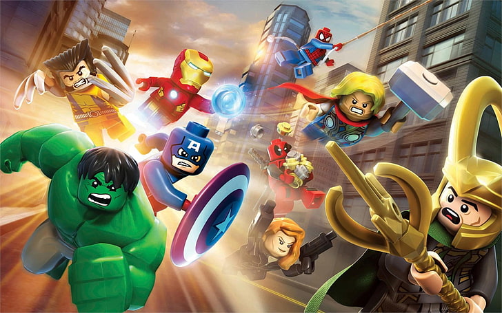 LEGO Mengagumi the Avengers dan Loki wallpaper digital, LEGO, The Avengers, Hulk, Loki, Iron Man, Thor, Wolverine, Spider-Man, Captain America, Black Widow, Deadpool, Wallpaper HD