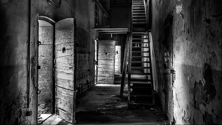 monochrome, building, architecture, abandoned, prisons, prison, door, stairs, HDR, hallway, HD wallpaper