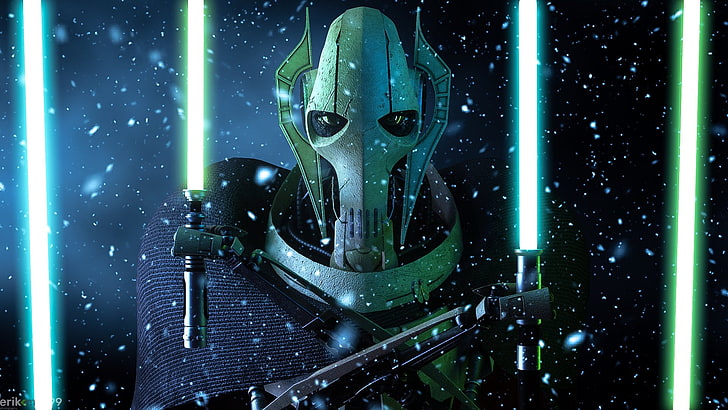 Star Wars, Blaues Lichtschwert, Nahaufnahme, General Grievous, Grünes Lichtschwert, Lichtschwert, Gelbe Augen, HD-Hintergrundbild