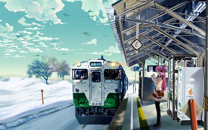 train winter anime train station women, HD wallpaper