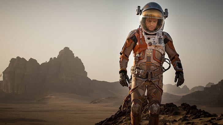 فيلم المريخ ، رجل يرتدي بدلة واقية بنية ورمادية ، خيال ، بدلة ، رائد فضاء ، المريخ ، المريخ ، مات ديمون ، مارك واتني، خلفية HD