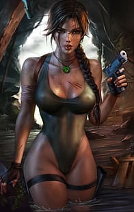 digitale Kunst, Tomb Raider, Lara Croft, Logan Cure, Pistole, breite Hüften, HD-Hintergrundbild HD wallpaper