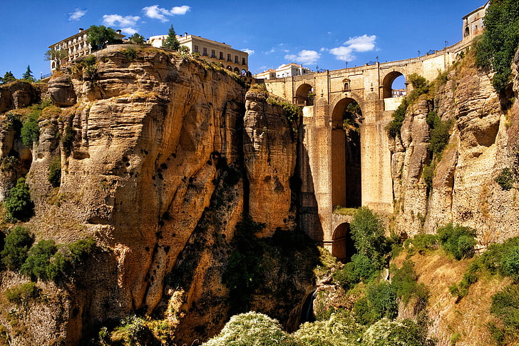 бежевый скальный мост, ронда, андалусия, испания, акведук, гора, мост, арка, каньон, HD обои