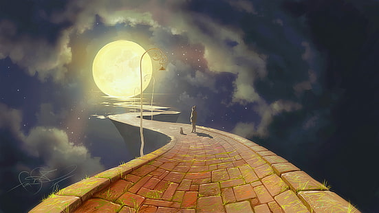 brown concrete pathway and moon digital wallpaper, person walking on red concrete pathway across moon, Moon, artwork, fantasy art, path, cobblestone, street light, clouds, night, cat, road, glowing, grass, digital art, stars, walking, HD wallpaper HD wallpaper
