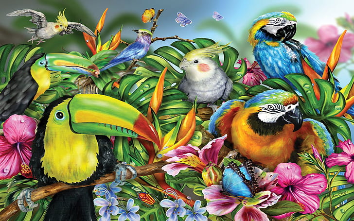 Burung Berwarna-warni Tropis Papagal Ara Toucan Burung Dengan Paruh Kupu-kupu Bunga Kemerahan Merah Dan Biru Art Wallpaper Hd 1920 × 1200, Wallpaper HD