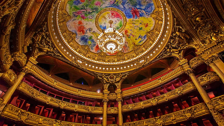 Francia, París, el techo, la lámpara de araña, el teatro, la pintura, Marc Chagall, la Opera Garnier, Fondo de pantalla HD