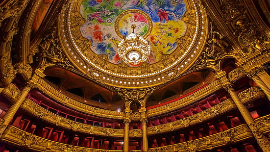 フランス、パリ、天井、シャンデリア、劇場、絵画、マルク・シャガール、オペラ座、 HDデスクトップの壁紙 HD wallpaper