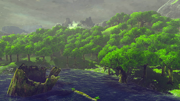 Die Legende von Zelda, Die Legende von Zelda: Atem der Wildnis, Botw, Screenshot, Cemu, Wald, See, Teich, Holz, Bäume, Wasser, Landschaft, HD-Hintergrundbild