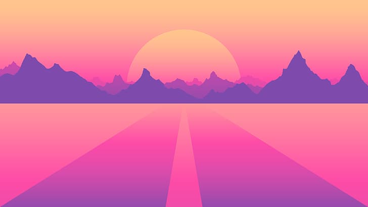 OutRun, Retrowave, synthwave, purple, purple background, pink, pink background, minimalism, material minimal, material style, digital art, simple, simple background, mountains, HD wallpaper