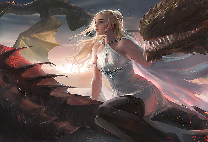 vestido, A Song of Ice and Fire, loira, arte digital, Sakimichan, coxas, olhos azuis, Game of Thrones, decote, coxa, dragão, cabelos brancos, mulheres, séries de TV, obra de arte, arte da fantasia, Daenerys Targaryen, HD papel de parede