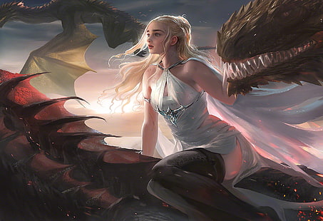 vestido, A Song of Ice and Fire, loira, arte digital, Sakimichan, coxas, olhos azuis, Game of Thrones, decote, coxa, dragão, cabelos brancos, mulheres, séries de TV, obra de arte, arte da fantasia, Daenerys Targaryen, HD papel de parede HD wallpaper