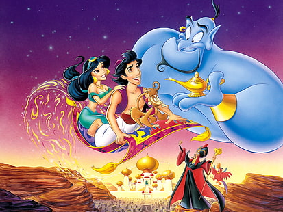 Disney Aladdin illustration, aladdin, jasmine, genie, HD wallpaper HD wallpaper