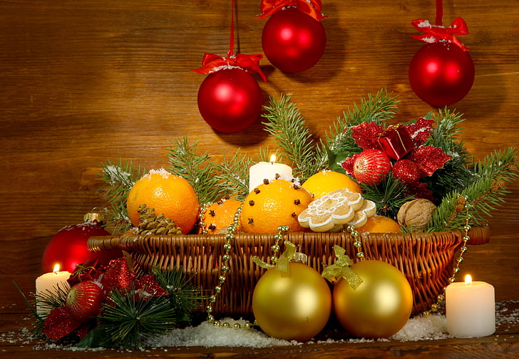 coleção de bugiganga de Natal vermelho e dourado, decoração, cesta, árvore, laranjas, ano novo, natal, lanterna, feliz, HD papel de parede