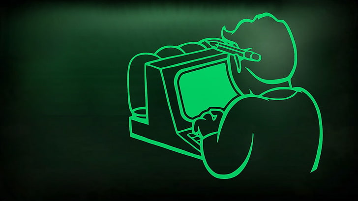 homme à l'aide de l'illustration de l'ordinateur, Fallout, Fallout 4, Vault Boy, vert, jeux vidéo, Fond d'écran HD