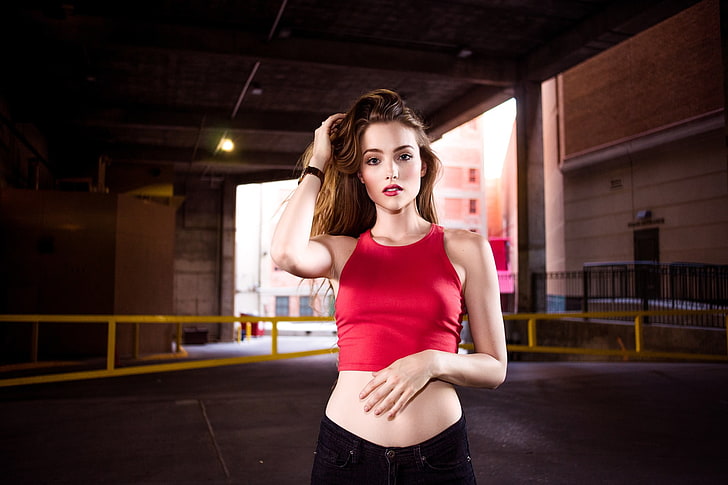 women's pink crop tank top, women, April Alleys, portrait, tank top, hands in hair, April Slough, red tops, black pants, blonde, long hair, women outdoors, touching hair, holding hair, Public, straight hair, blue eyes, open mouth, red lipstick, looking at viewer, parking, HD wallpaper