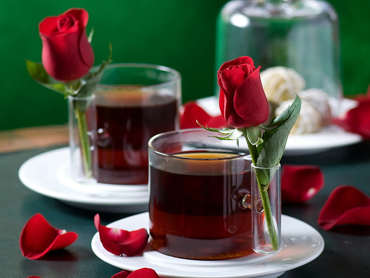 Чай, назначение, чаши, рози, венчелистчета, романтизъм, HD тапет