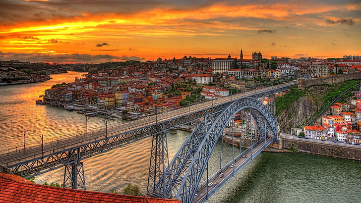 porto, sunset, luis bridge, bridge, europe, portugal, dom, river, douro river, waterway, sky, cityscape, skyline, HD wallpaper