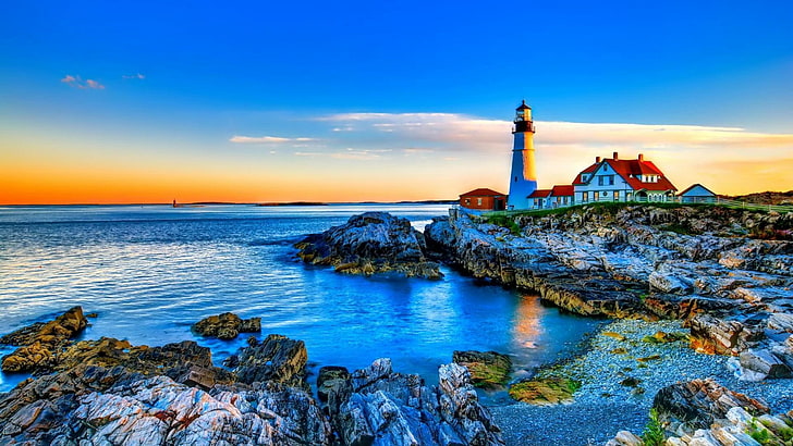 Küste, Turm, Portland Kopflicht, Himmel, Meer, Leuchtturm, Ufer, Maine, Landzunge, Kap, Ozean, USA, HD-Hintergrundbild