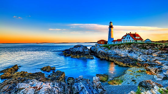 costa, torre, luz principal de Portland, cielo, mar, faro, orilla, Maine, promontorio, capa, océano, Estados Unidos, Fondo de pantalla HD HD wallpaper