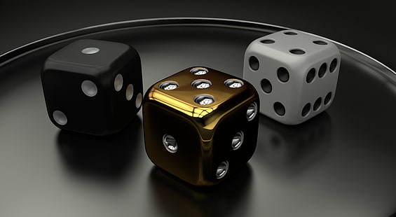 3D Dice 06, three gold, white, and black dices, Artistic, 3D, Dice, Gold, Games, gambling, HD wallpaper HD wallpaper