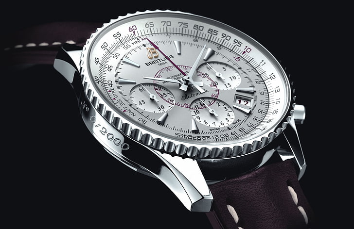 round silver-colored chronograph watch with brown strap, Watch, Breitling, Montbrillant, HD wallpaper