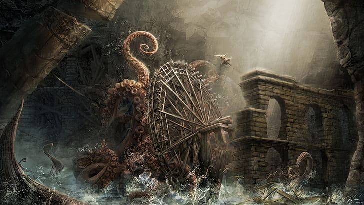 monstruo, rueda, arte, pulpo, tentáculos, arco, Kraken, Fondo de pantalla HD