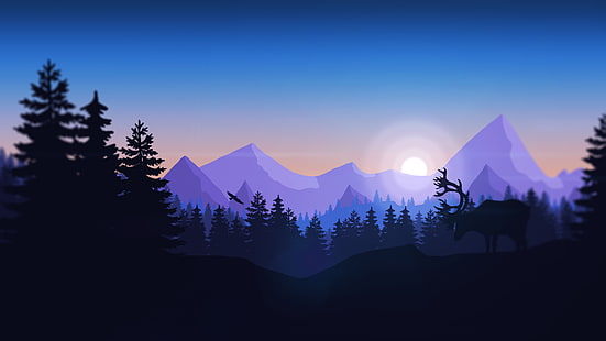 silhouette d'arbres, pins verts près des Alpes, montagnes, forêt, animaux, Firewatch, minimalisme, Fond d'écran HD HD wallpaper