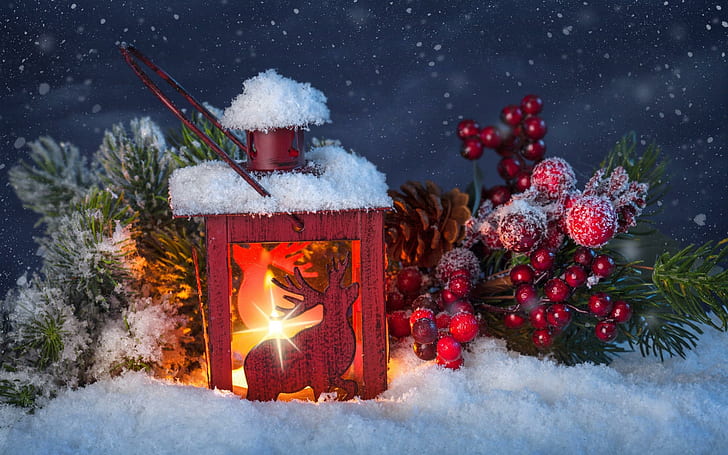 Latern, red metal deer glass candle lantern, cold, trees, snow, pretty, holiday, care, new-year, lovely, snowflakes, nice, kindness, snowy, beautiful, magic, HD wallpaper