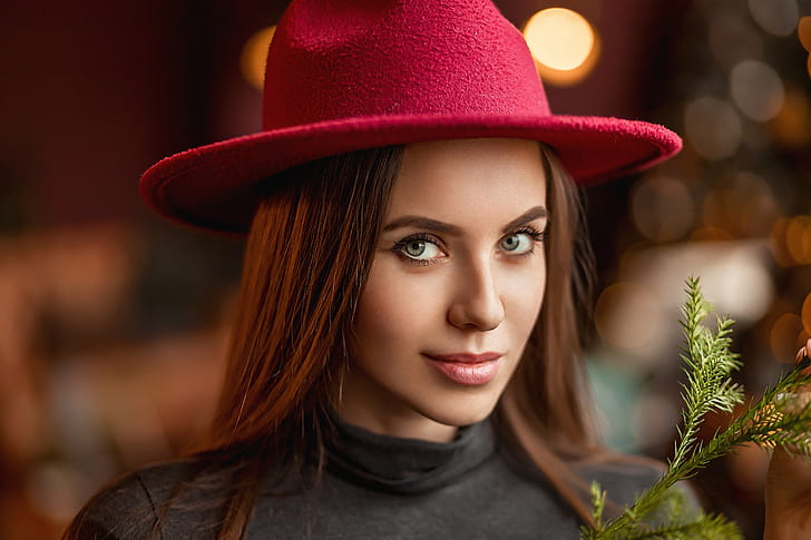 Georgy Dyakov, hat, women, model, portrait, face, HD wallpaper