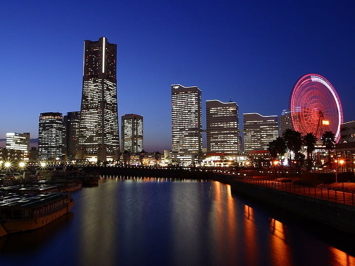 град, градски пейзаж, градски светлини, виенско колело, Йокохама, HD тапет