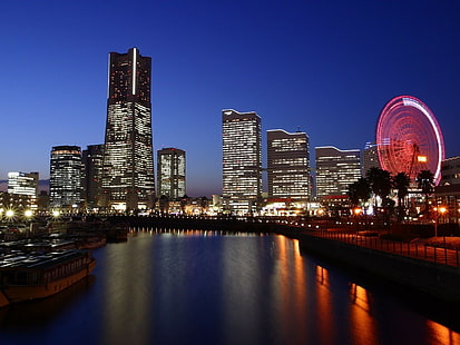 город, городской пейзаж, огни города, колесо обозрения, Иокогама, HD обои HD wallpaper