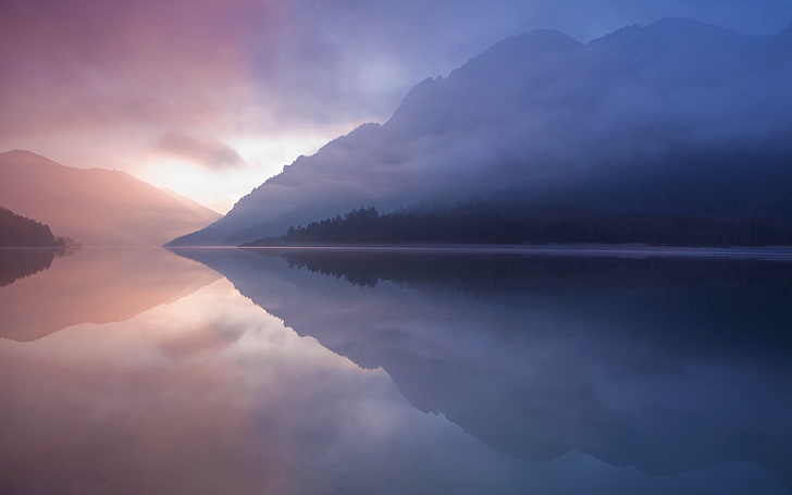 Silhouette des Berges, Landschaft, Nebel, Berge, Fluss, Wasser, Reflexion, Natur, Wolken, HD-Hintergrundbild