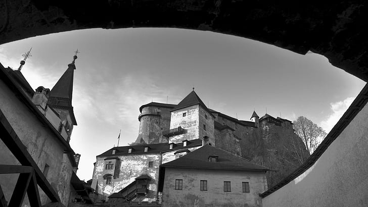 architecture, castle, ancient, tower, Slovakia, monochrome, clouds, arch, HD wallpaper