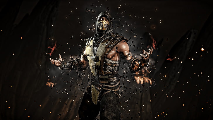 Mortal Kombat Scorpion, Mortal Kombat, scorpion, video games, digital art, artwork, mask, warrior, HD wallpaper
