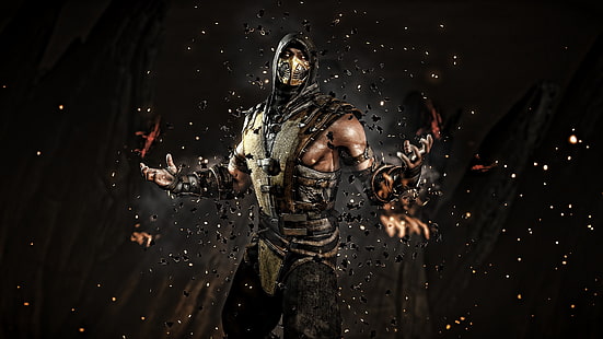 Mortal Kombat Scorpion, Mortal Kombat, kalajengking, video game, seni digital, karya seni, topeng, prajurit, Wallpaper HD HD wallpaper