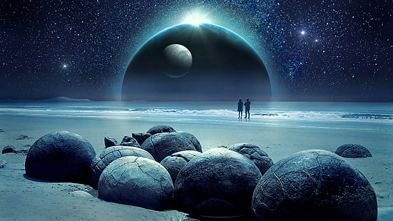 ภูมิทัศน์สีน้ำเงิน, ท้องฟ้าเต็มไปด้วยดวงดาว, เต็มไปด้วยดวงดาว, ดาว, ท้องฟ้ายามค่ำ, ภูมิประเทศ, สีน้ำเงิน, ทะเล, ทรงกลม, น้ำ, พื้นที่, ดวงจันทร์, ภาพลวงตา, ​​ดวงจันทร์, ศิลปะจินตนาการ, ท้องฟ้า, โลกจินตนาการ, ชีวิตนอกโลก, ดาวเคราะห์, นอกโลก, จักรวาล, คนต่างด้าว โลกคนรัก, วอลล์เปเปอร์ HD HD wallpaper
