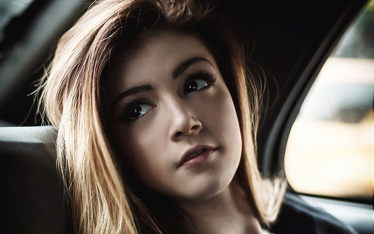 women's red lipstick, Chrissy Costanza, singer, celebrity, Against The Current, music, band, women, car interior, inside a car, HD wallpaper