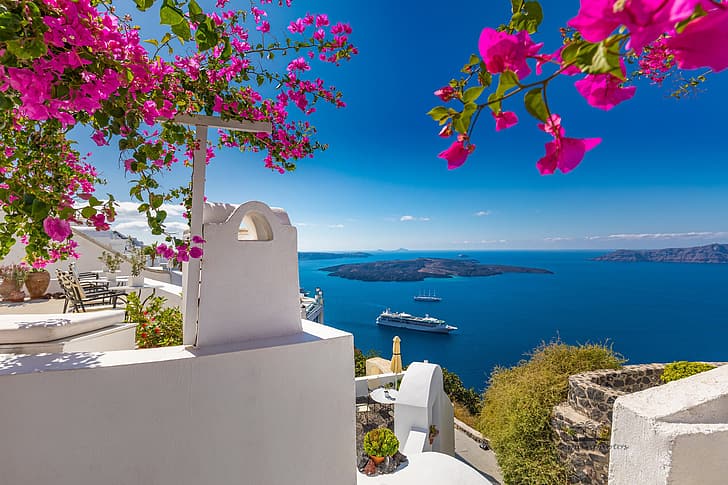 morze, kwiaty, wyspa, Santorini, Grecja, liniowiec, taras, Oia, Morze Egejskie, Morze Egejskie, bugenwilla, Tapety HD