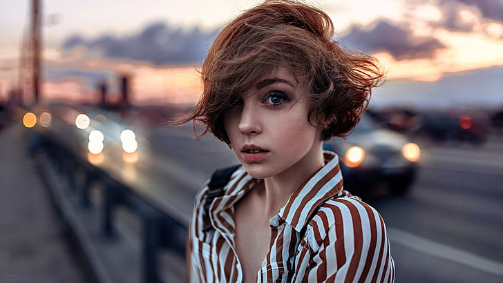 women's white and brown striped top, women, short hair, blue eyes, portrait, windy, shirt, Georgy Chernyadyev, Olya Pushkina, HD wallpaper