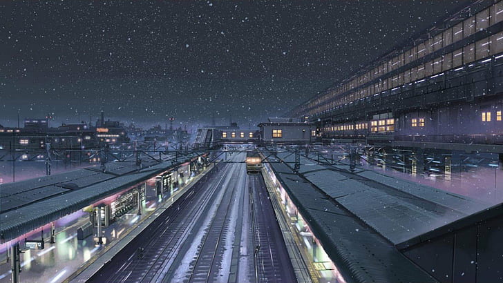 5 Centimeters Per Second, Makoto Shinkai, night, snow, Train Station, winter, HD wallpaper