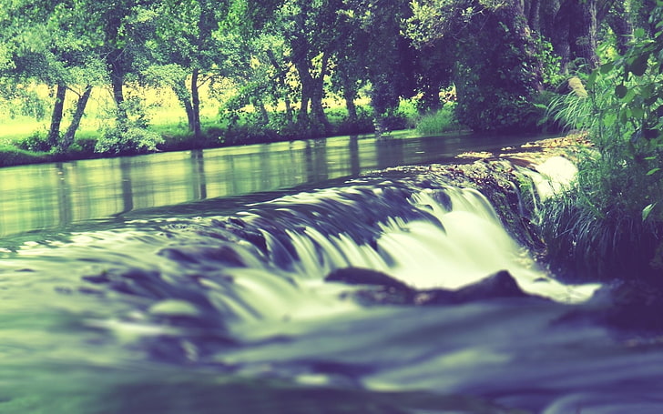 Wasserfälle und Grünpflanzen, Fluss, Wasser, Bäume, Farben, Farben, HD-Hintergrundbild