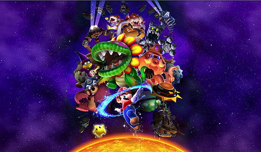 Mario, Super Mario Galaxy, Bowser, Bowser Jr., Nintendo, HD wallpaper HD wallpaper