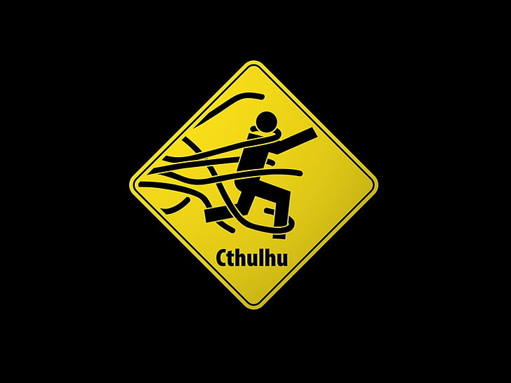 żółto-czarny znak drogowy, Cthulhu, znaki ostrzegawcze, humor, minimalizm, Tapety HD